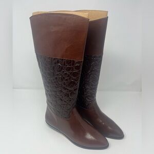 9 West Nine West Margot Dk Cognac Brown Sz 7.5 Leather Riding Boots Textured NEW